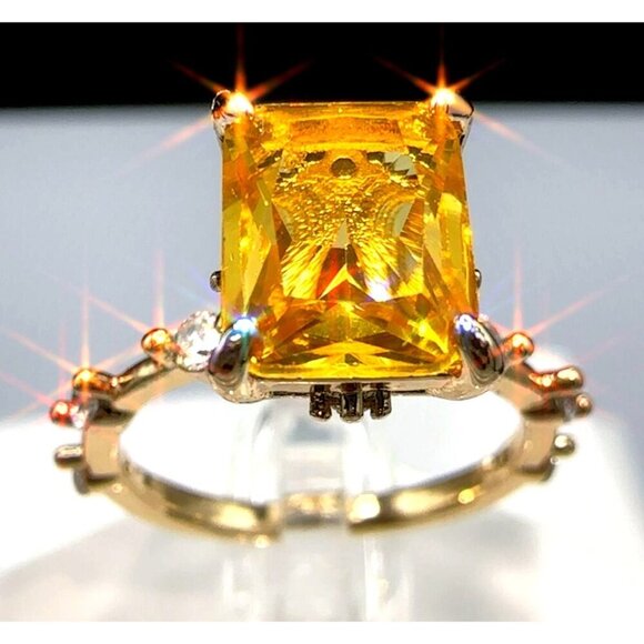 Yellow Radiant Cut Crystal Gemstone Ring With Brass Gold-Plated Band Size 5 - Picture 1 of 14